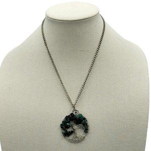 Necklace Tree of Life Silver Tone Metal Chip Gemstone Dark Green 19 Inches